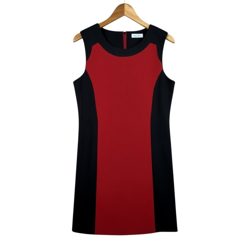 Calvin Klein Sheath Dress Womens Red Black Colorblock Sleeveless Ponte Shift
